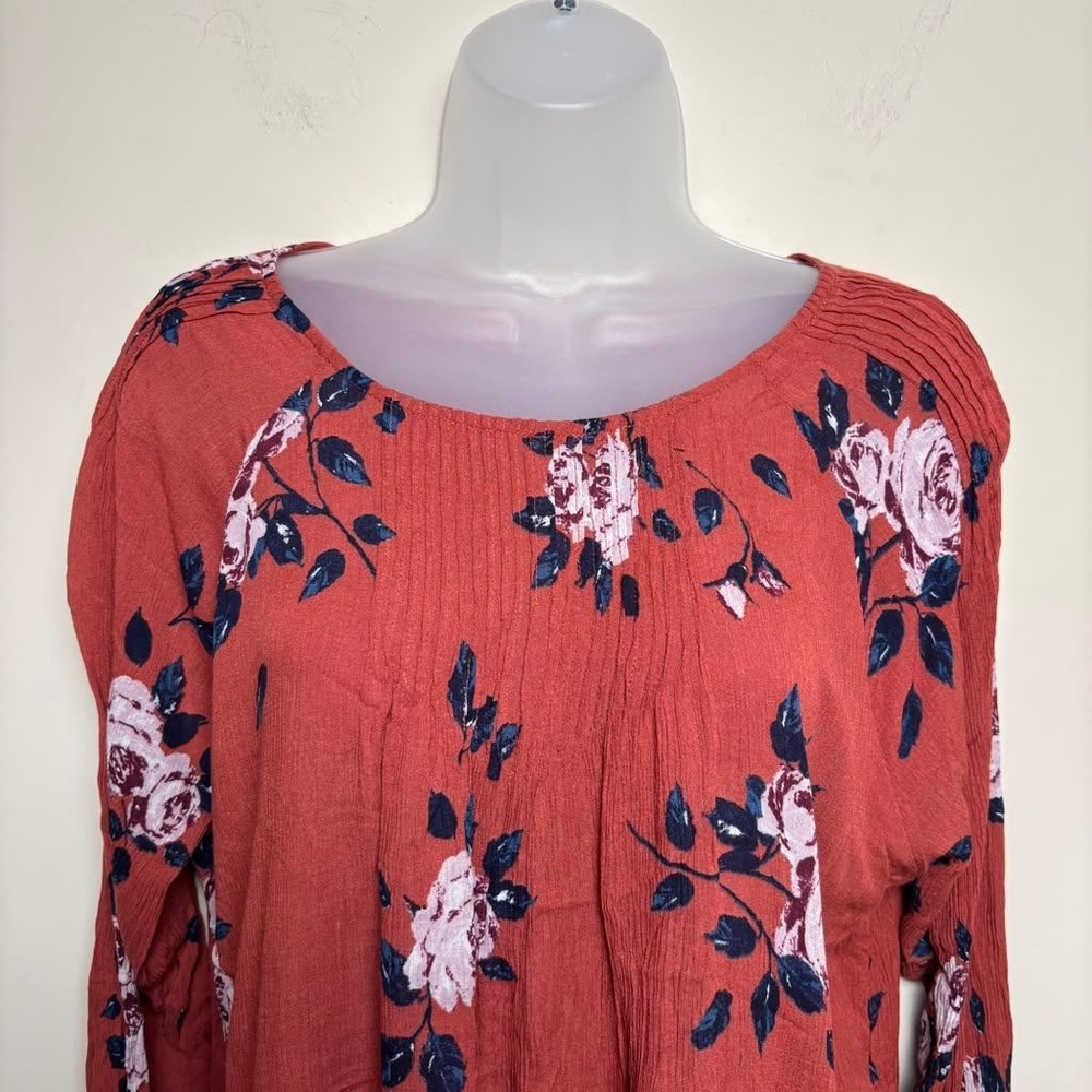 G&F Collection Terracotta Rust Floral Blouse Pintuck Long Sleeve Top Women Large - Picture 2 of 9